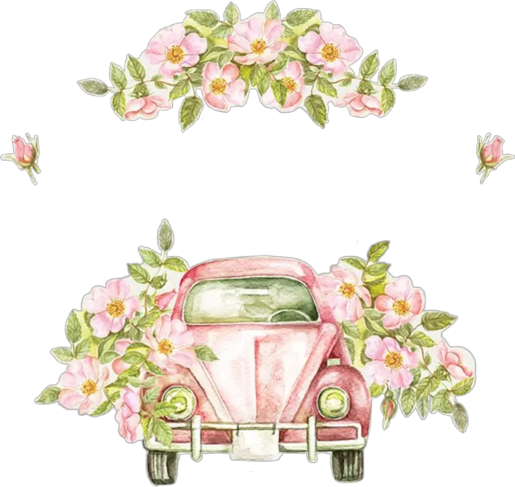 watercolor handpainted volkswagenbus vwbeetle flowers Vintage Wedding Car Clipart